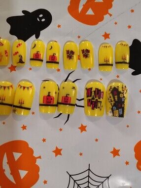 Yellow Halloween Press-On Nail Set - Handmade